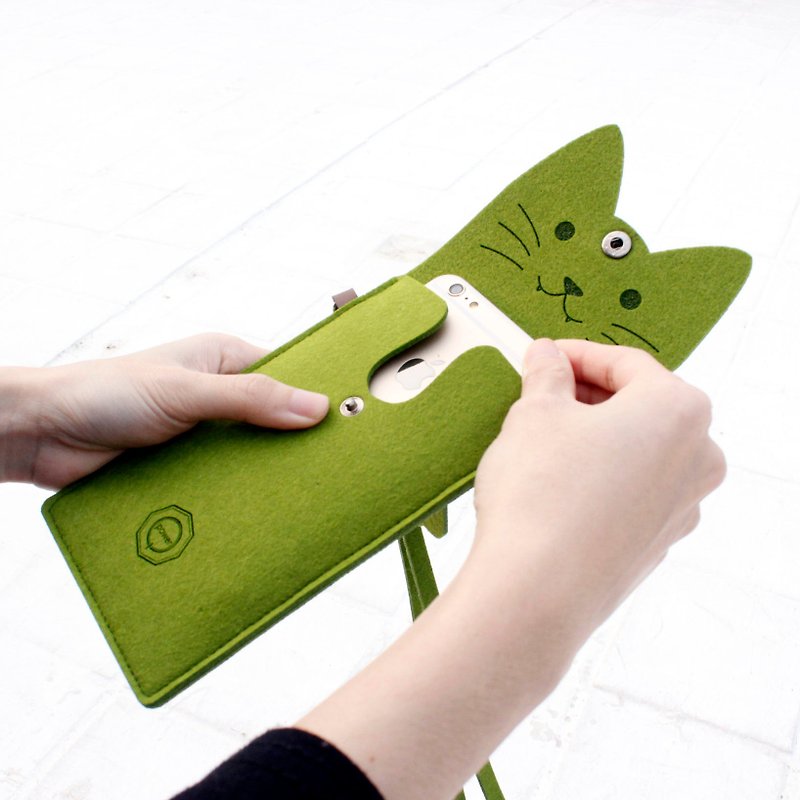 打开一只猫-羊毛毡猫咪手机包Portable package/附颈带-抹茶猫 - 化妆包/杂物包 - 羊毛 绿色