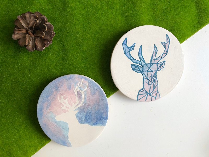 陶瓷手绘宇宙鹿-吸水杯垫一套 - 杯垫 - 陶 蓝色
