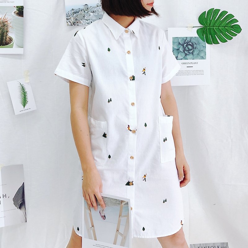 Shirt Dress (Camping) : White - 洋装/连衣裙 - 绣线 白色
