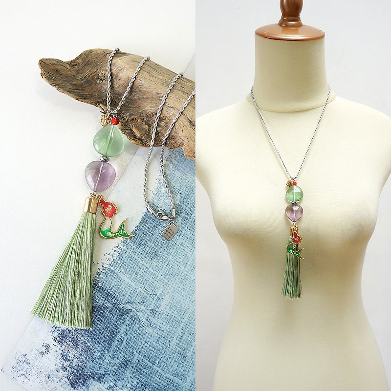 美人鱼项链 青和紫萤石+长流苏 - 项链 - 半宝石 绿色