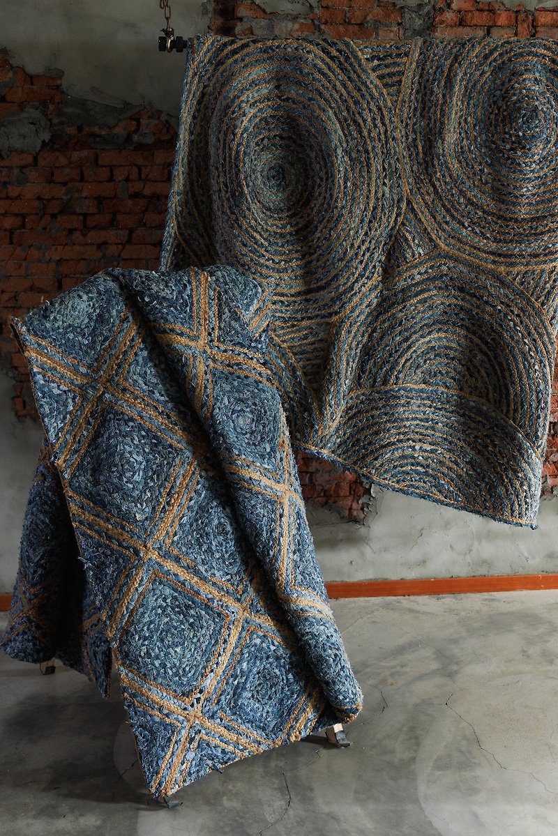 印度手工饰毯 - 回收单宁编织 + 黄麻 - 地垫/地毯 - 棉．麻 蓝色
