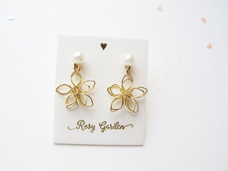 Rosy Garden 五瓣花朵简约线条垂吊耳环 可换耳夹式 - 耳环/耳夹 - 其他金属 金色