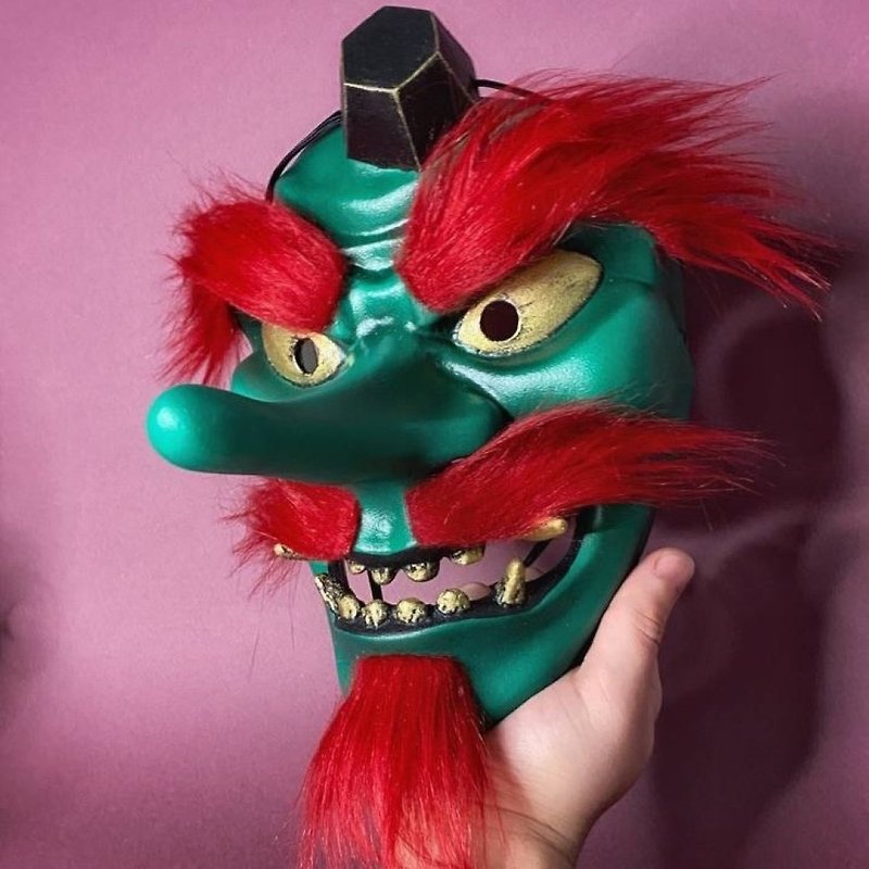 红发绿天狗面具、山伏天狗面具、能剧面具、歌舞伎面具 - 口罩 - 树脂 绿色