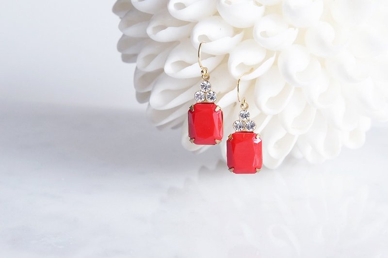 【14KGF】 Rock Candy/Red&Crystal - 耳环/耳夹 - 玻璃 红色