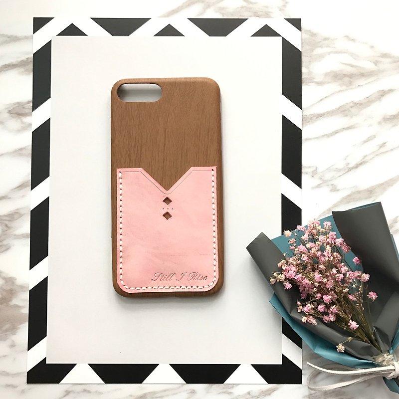 木纹手机壳拼皮革 - 手机壳/手机套 - 真皮 粉红色
