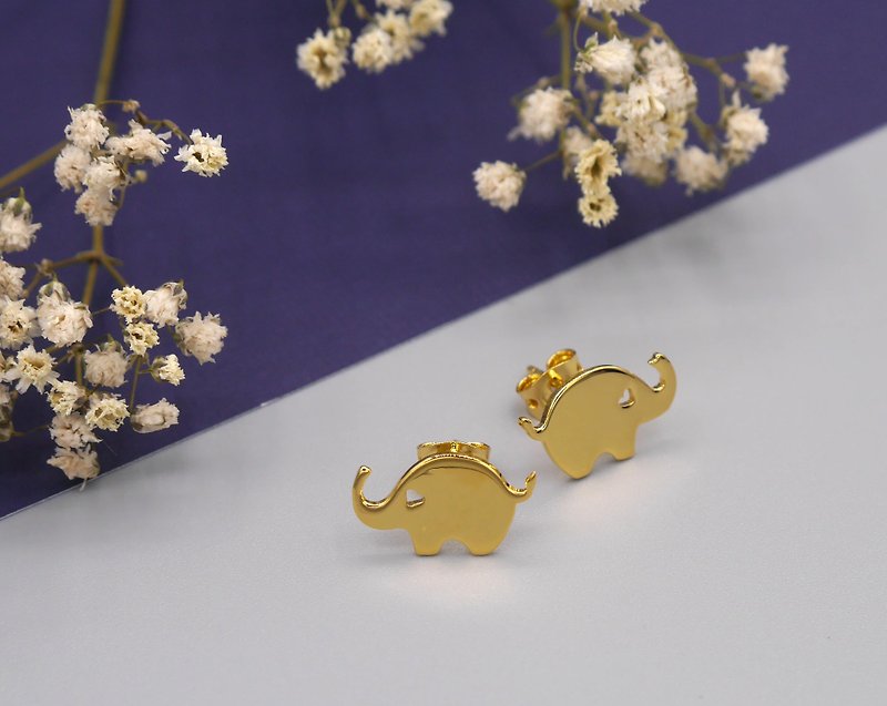 Little Elephant Earring - Gold plated on brass, Tiny Earring, Animal Jewelry, Christmas gift, New year gift - 耳环/耳夹 - 其他金属 金色