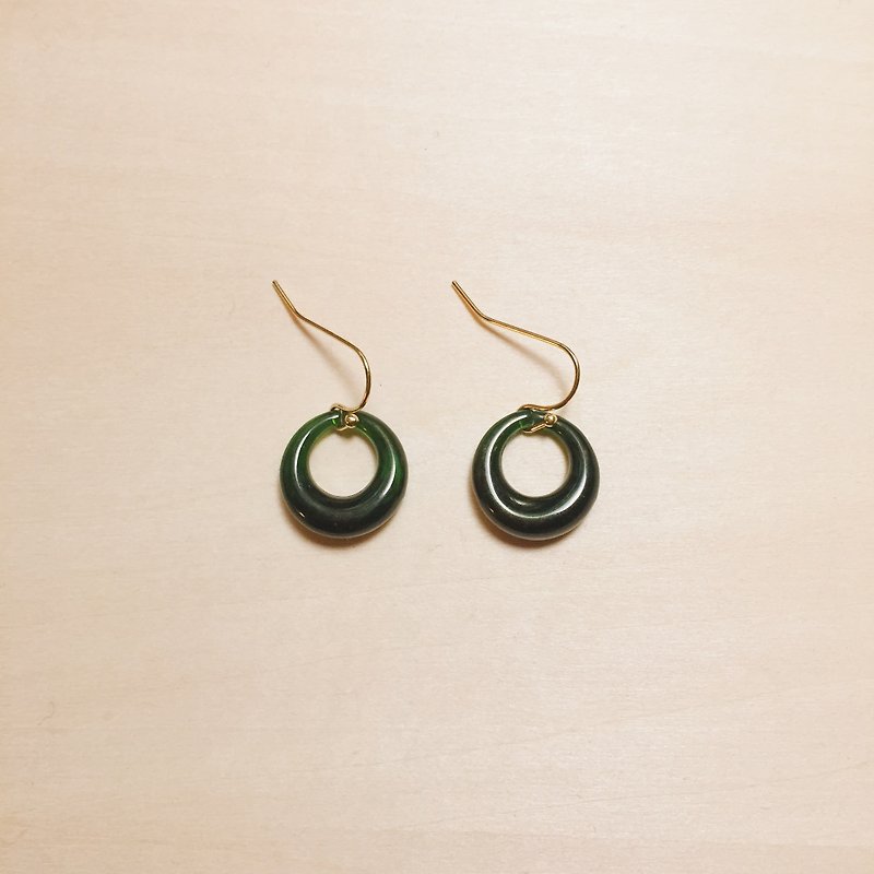 复古墨绿抹金单圈耳环 - 耳环/耳夹 - 树脂 绿色