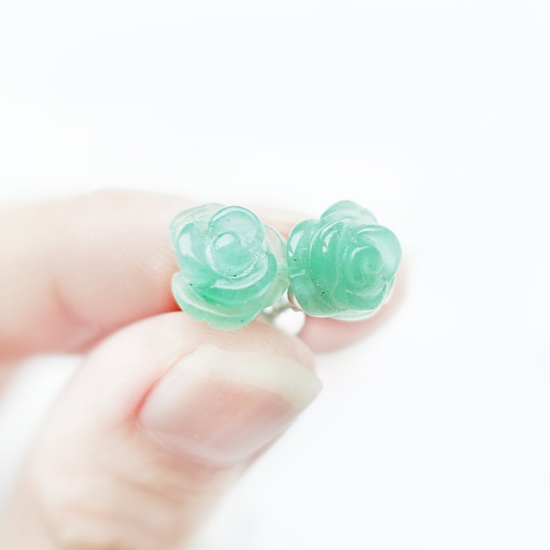 ROSE玫瑰-限量 东菱玉 手工 雕刻 天然石 纯银 耳环 - 耳环/耳夹 - 其他材质 绿色