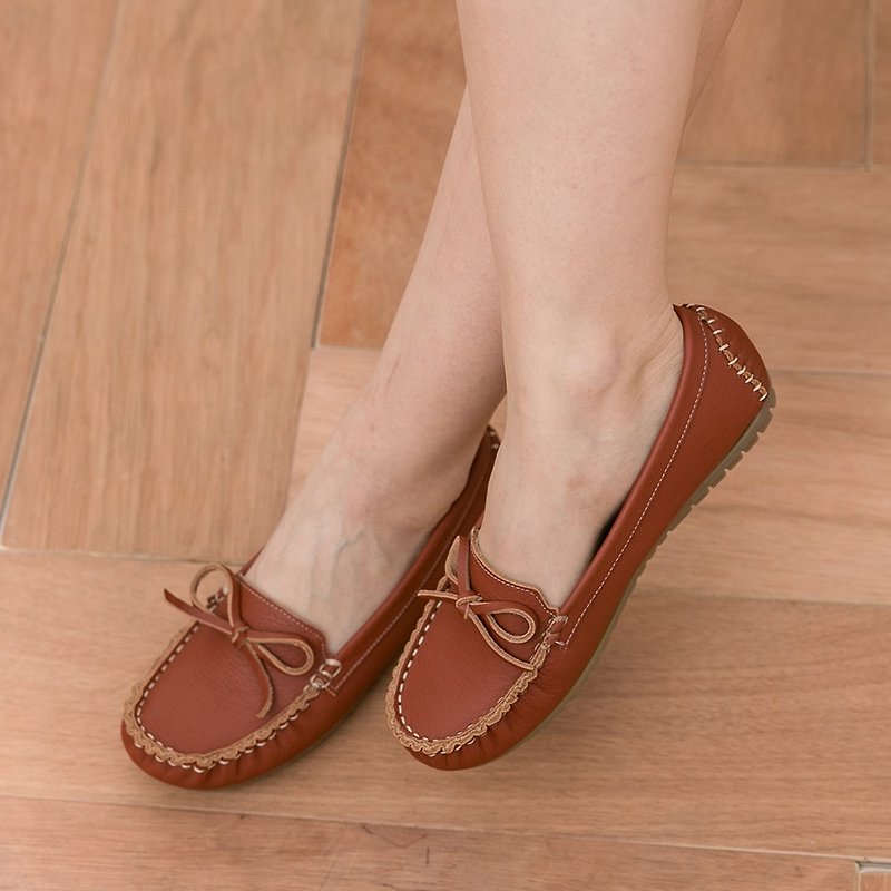 Maffeo 豆豆鞋 平底鞋 水洗皮革 美好假期蝴蝶结柔软升级豆豆鞋(1108复古砖红) - 芭蕾鞋/娃娃鞋 - 纸 红色