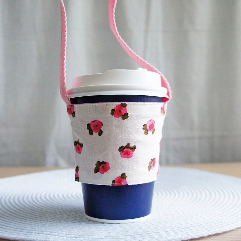 Lovely水彩小玫瑰饮料杯袋、提袋、环保杯套、饮料杯套【白底】 - 随行杯提袋/水壶袋 - 棉．麻 白色