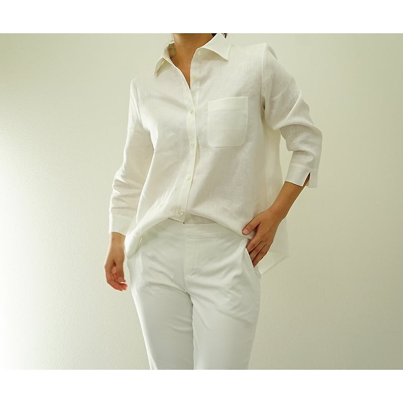 【wafu】Belgian linen 100% Cutaway t-shirt / white b26-1 - 女装衬衫 - 棉．麻 白色