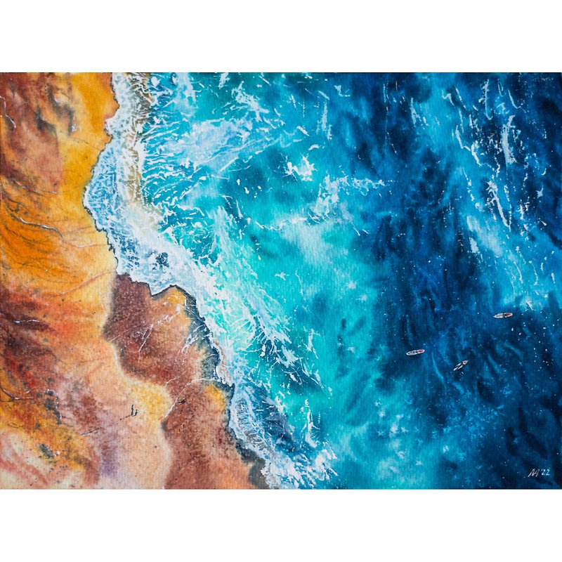 Seascape Original Watercolor Painting Seashore Top View Artwork - 海报/装饰画/版画 - 纸 多色