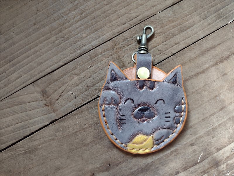 可爱招财微笑猫咪 gogoro 钥匙尊爵灰 纯牛皮皮革套 - 钥匙链/钥匙包 - 真皮 灰色