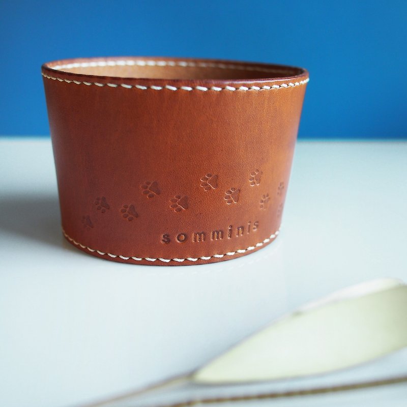Customized  -- Handmade reuseable coffee cup sleeve leather brown tan color - 随行杯提袋/水壶袋 - 真皮 咖啡色