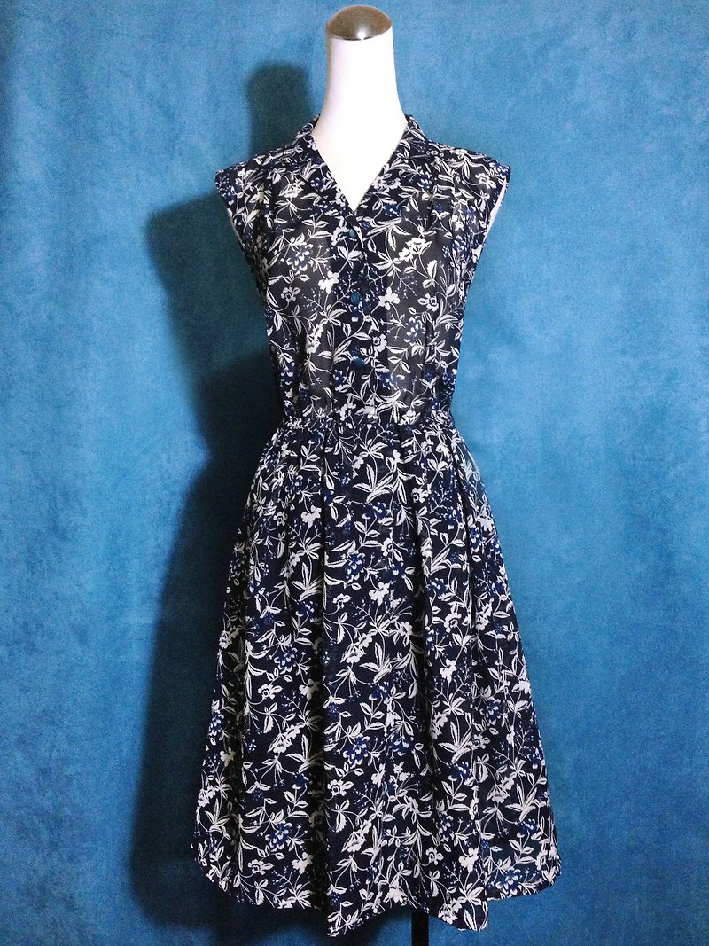 Goody Bag - 蓝色花朵无袖古着洋装 - 洋装/连衣裙 - 聚酯纤维 蓝色