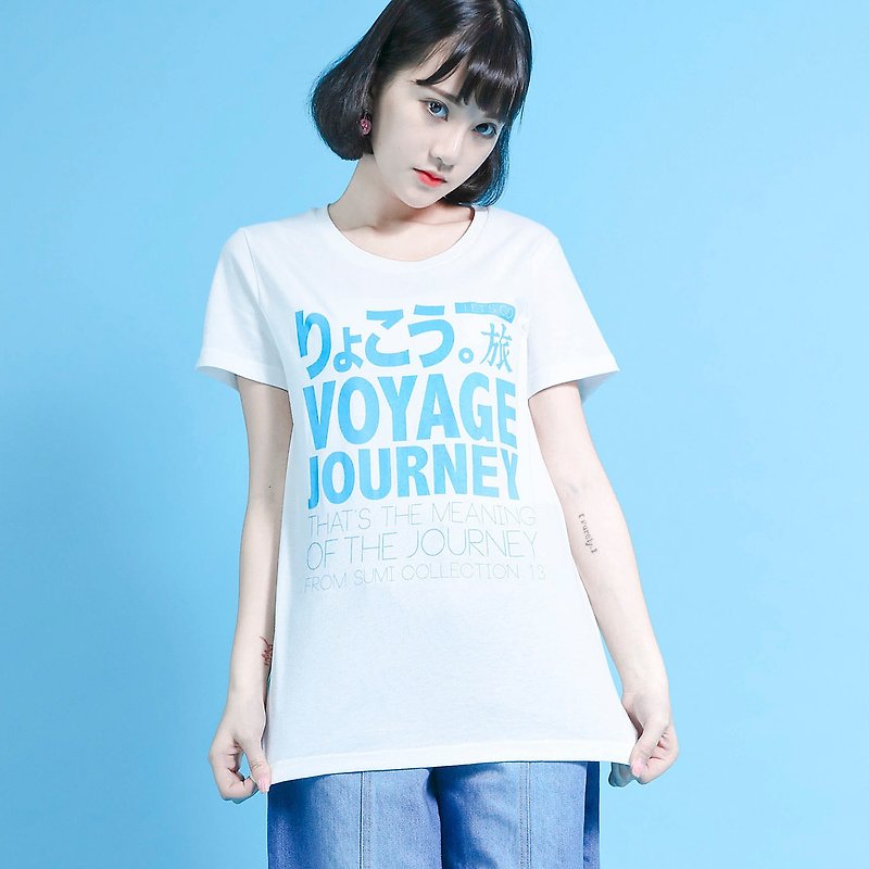 Travel 旅行语言T-shirt_宽版_6SF003_米白/天空蓝 - 女装短裤 - 棉．麻 白色