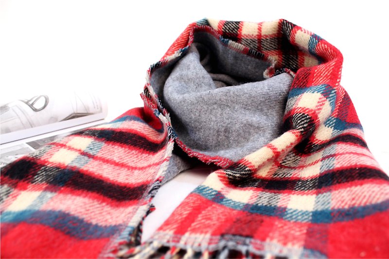 红色格子 针织羊绒围巾/披肩 保暖围巾 秋冬百搭围巾 - 丝巾 - 羊毛 红色