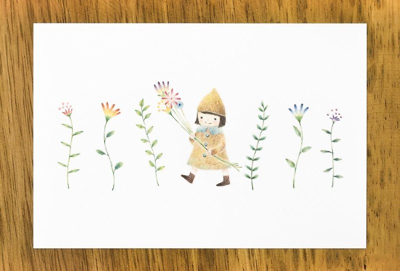絵本のような。ポストカード "お花を持った女の子" (2枚セット) PC-26 - 卡片/明信片 - 纸 黄色
