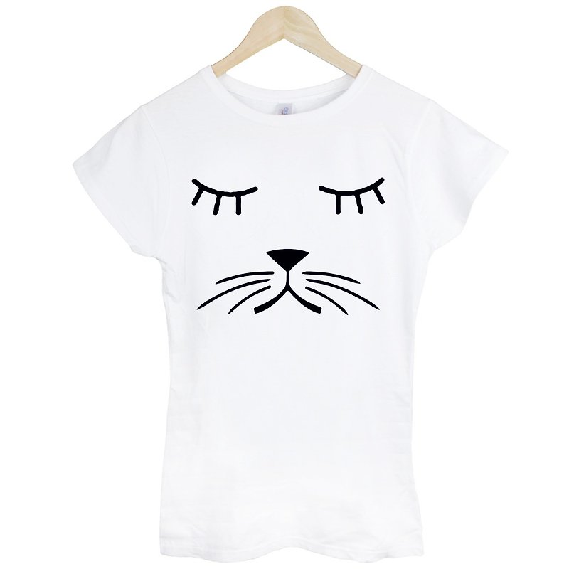 Whiskers Cat女生短袖T恤-2色 胡须 猫 狗 犬 动物 文青 艺术 设计 时髦 文字 时尚 - 女装 T 恤 - 棉．麻 多色