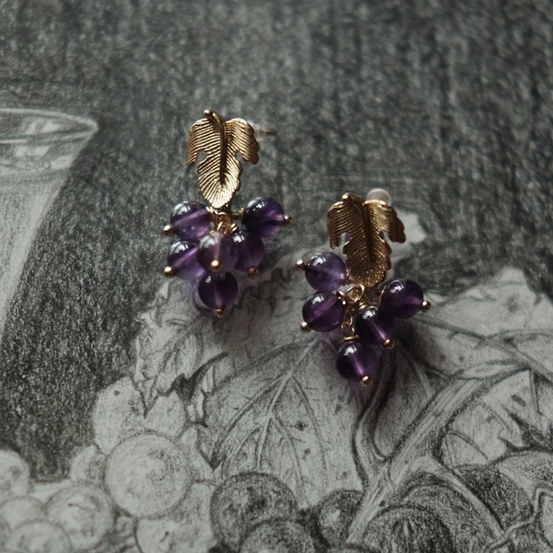 复古vintage巴洛克风葡萄串紫水晶个性设计保色鍍金耳环 - 耳环/耳夹 - 水晶 紫色