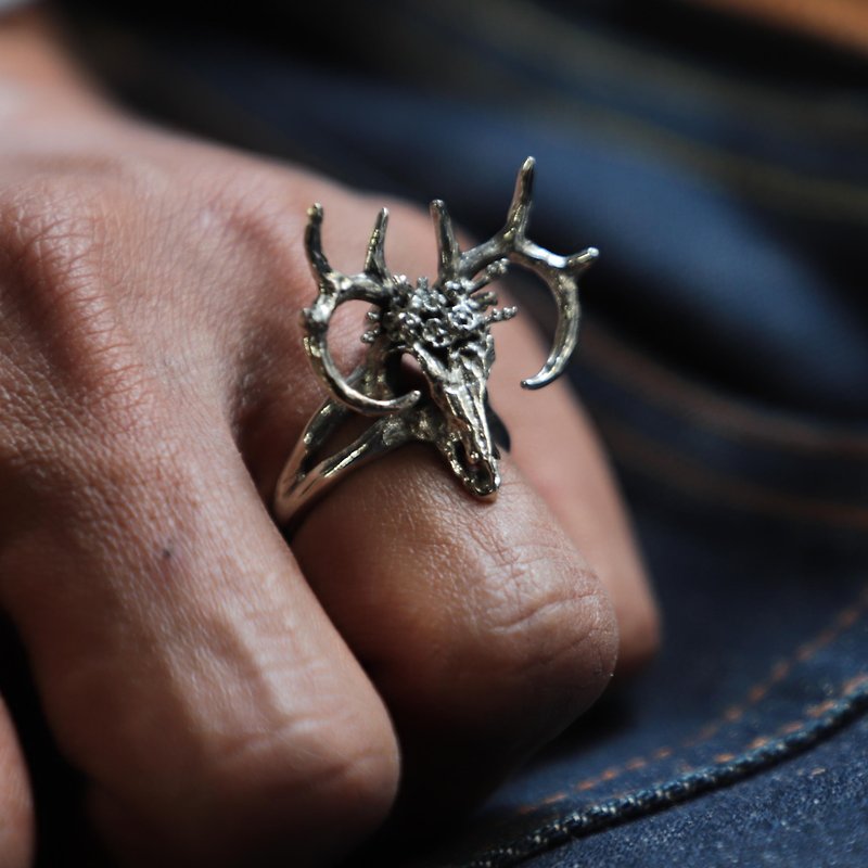 925纯银波西米亚风格的女性鹿头骨戒指 - 戒指 - 纯银 银色