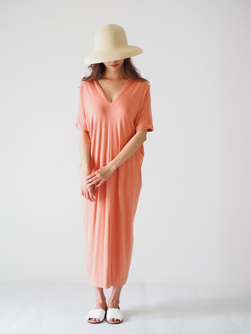 ByTheSea Dress W V Neck - ThaiTea - 洋装/连衣裙 - 棉．麻 橘色