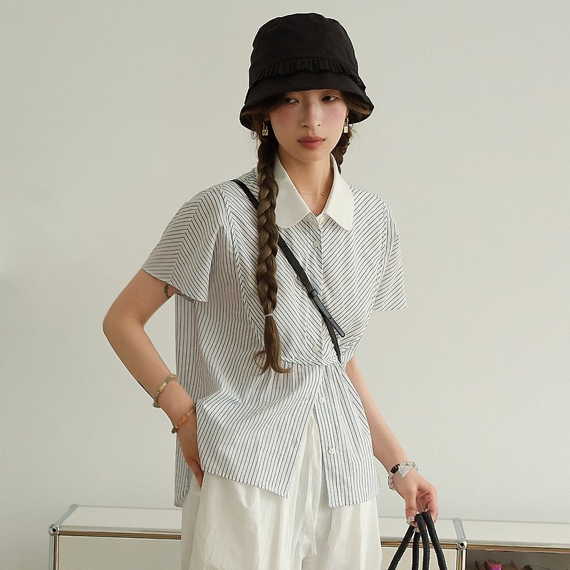 条纹娃娃领衬衫|衬衫|衬衫|两色|夏款|Sora-1244 - 女装衬衫 - 棉．麻 多色