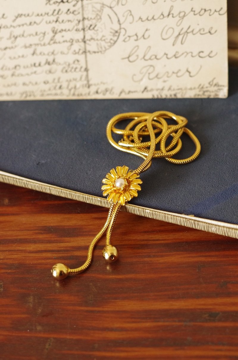 古董Vintage古着金色珍珠小花伸降流苏项链 N517 - 项链 - 其他金属 金色