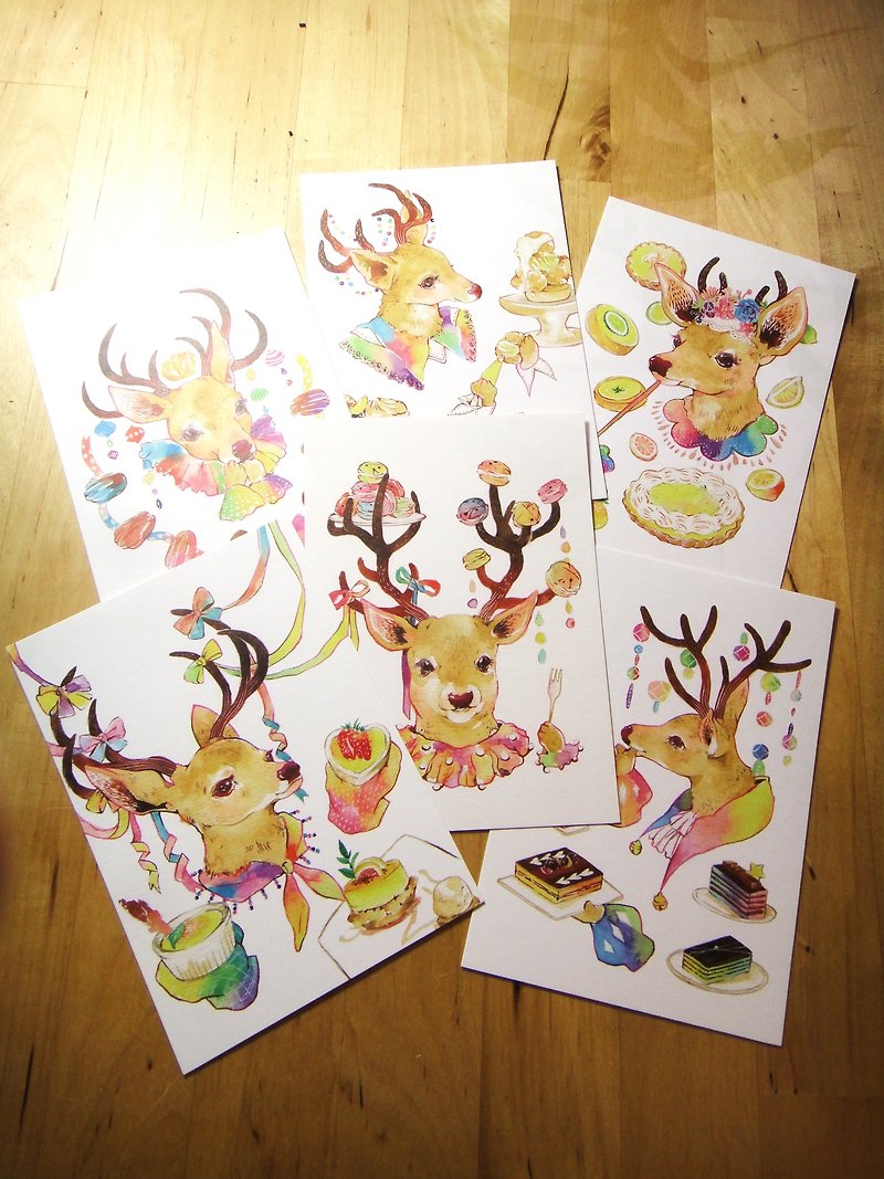 甜点鹿系列白底明信片 Dessert Deer Postcard Set - 卡片/明信片 - 纸 多色