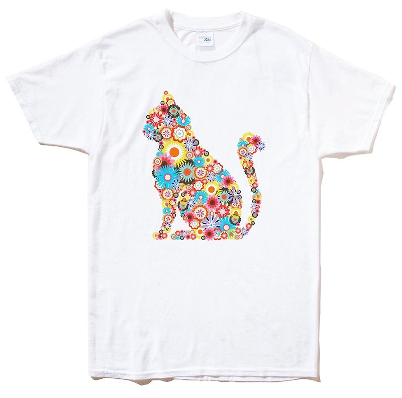 Floral Cat 短袖T恤 白色 花 猫 碎花 设计 插画 艺术 - 男装上衣/T 恤 - 棉．麻 白色
