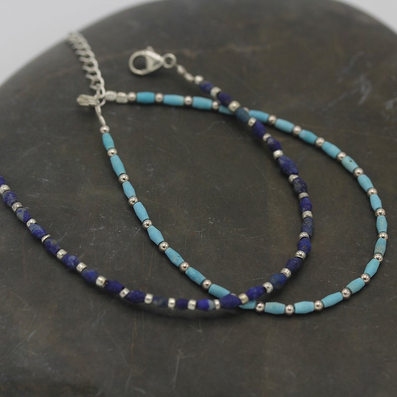 Turquoise or lapis lazuli barrel beads bracelet with adjustable chain (B0071B) - 手链/手环 - 银 多色