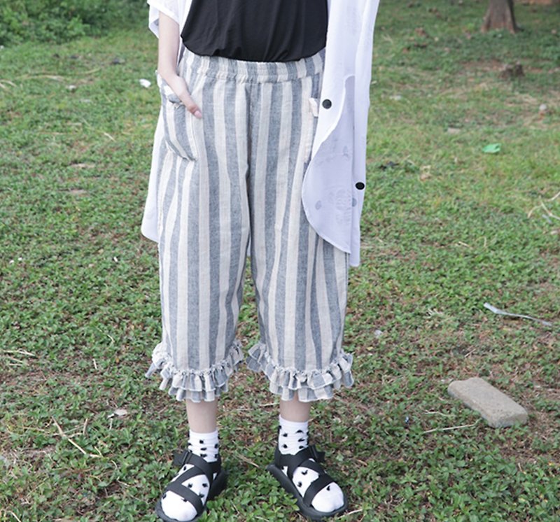 灰蓝条纹直筒裤 - imakokoni - 女装长裤 - 棉．麻 黑色