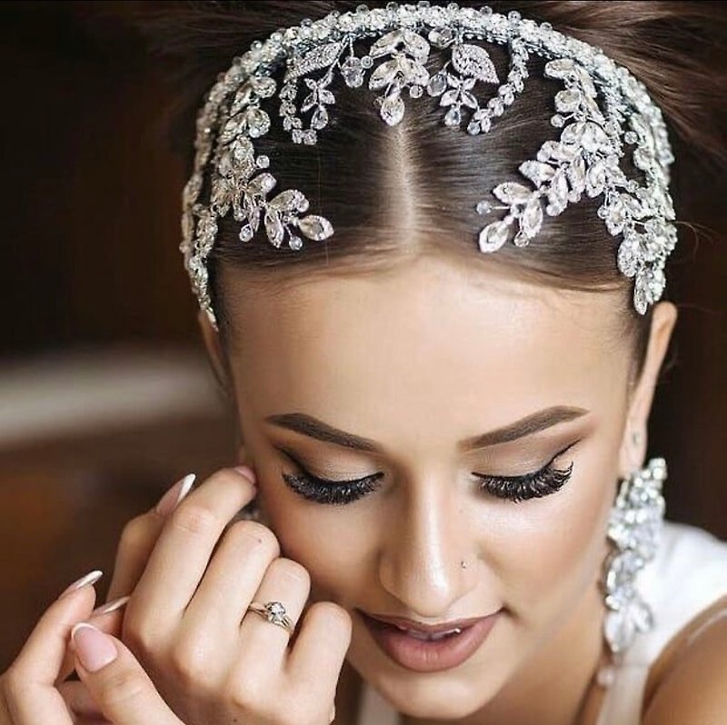 豪华新娘头饰、花朵婚礼皇冠、现代水晶头饰、面纱王冠 - 发饰 - 其他材质 银色