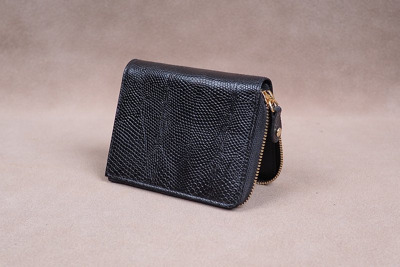 Zipper Wallet / Coin Wallet / Italy Lizard Cow Leather(Black) - 零钱包 - 真皮 