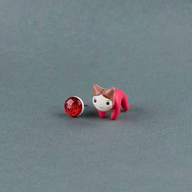 Cat Earrings - Polymer clay jewelry, Kawaii kitty stud, fake gauge/plug/tunnel - 耳环/耳夹 - 粘土 红色