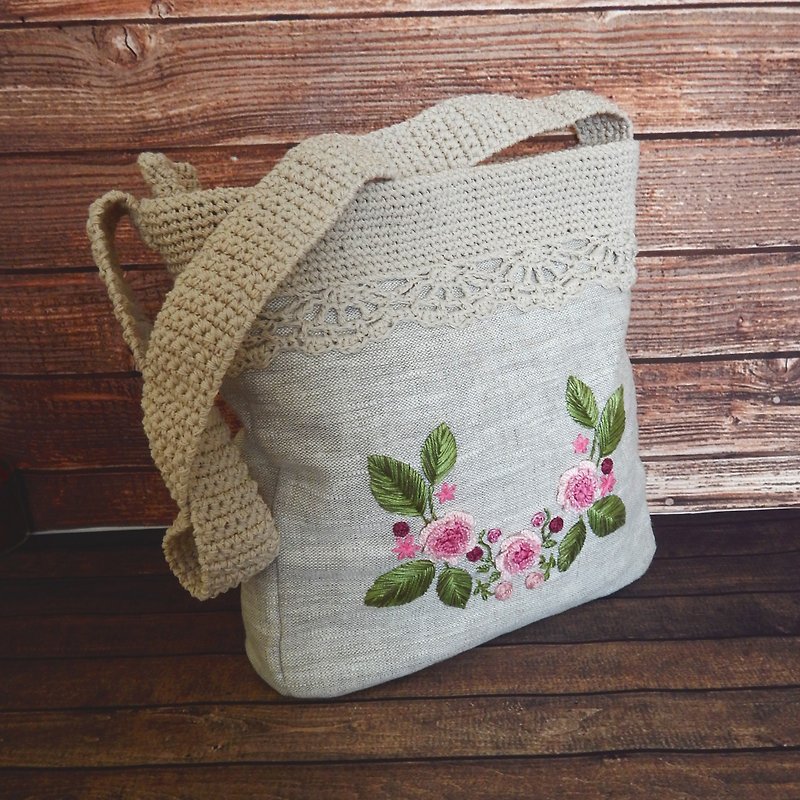 Cottagecore linen bag with embroidered flowers White linen bag Women's handbag - 手提包/手提袋 - 亚麻 白色
