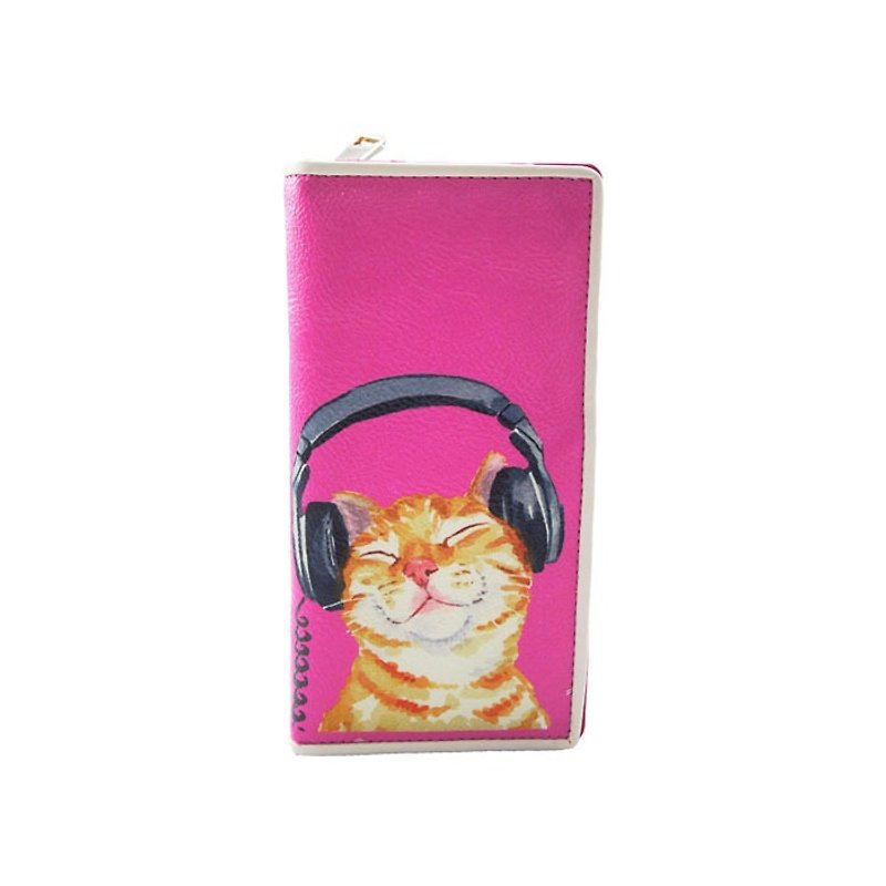 戴耳机的猫咪水彩画转印童趣长夹  桃红色 现货贩售 - 爱雪莉   - 皮夹/钱包 - 人造皮革 粉红色