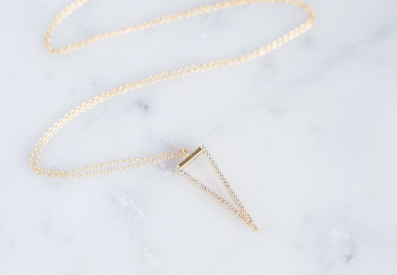 【14KGF】Long Necklace,Long Triangle CZ - 长链 - 玻璃 金色