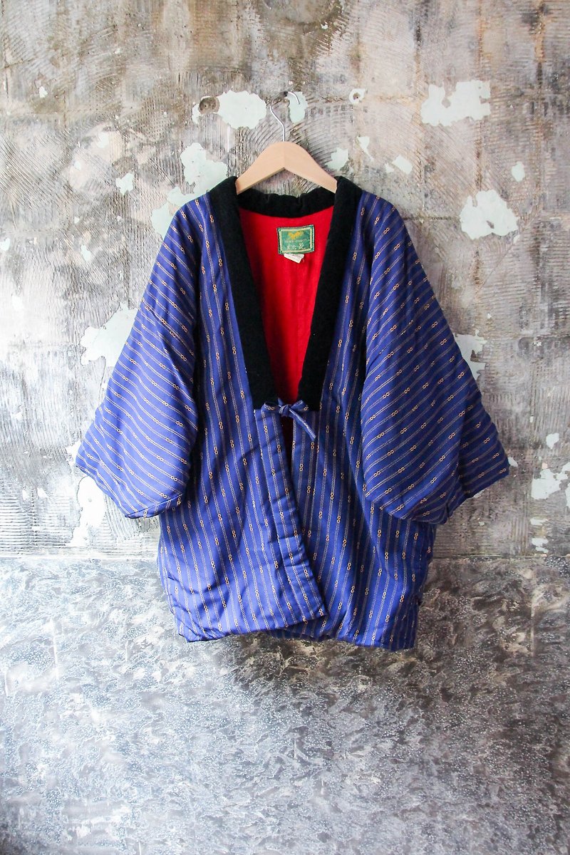 袅袅百货公司-Vintage 日本蓝色链条布花半缠 棉袄外套 复古着 - 女装休闲/机能外套 - 棉．麻 