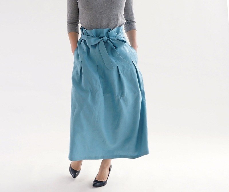 ベルギーリネン ダブルループのタック スカート/ブルー ポルスレーヌ sk8-12 - 裙子 - 棉．麻 蓝色
