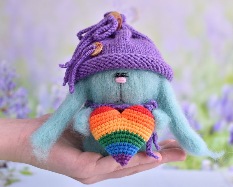 Pride plush bunny /Turquoise knitted bunny in purple hat / Bunny with heart - 玩偶/公仔 - 棉．麻 