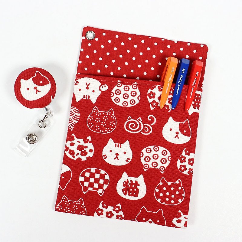 医师袍 口袋式 防漏墨 收纳袋 笔袋+证件夹 - 日式 猫脸 (红) - 铅笔盒/笔袋 - 棉．麻 红色