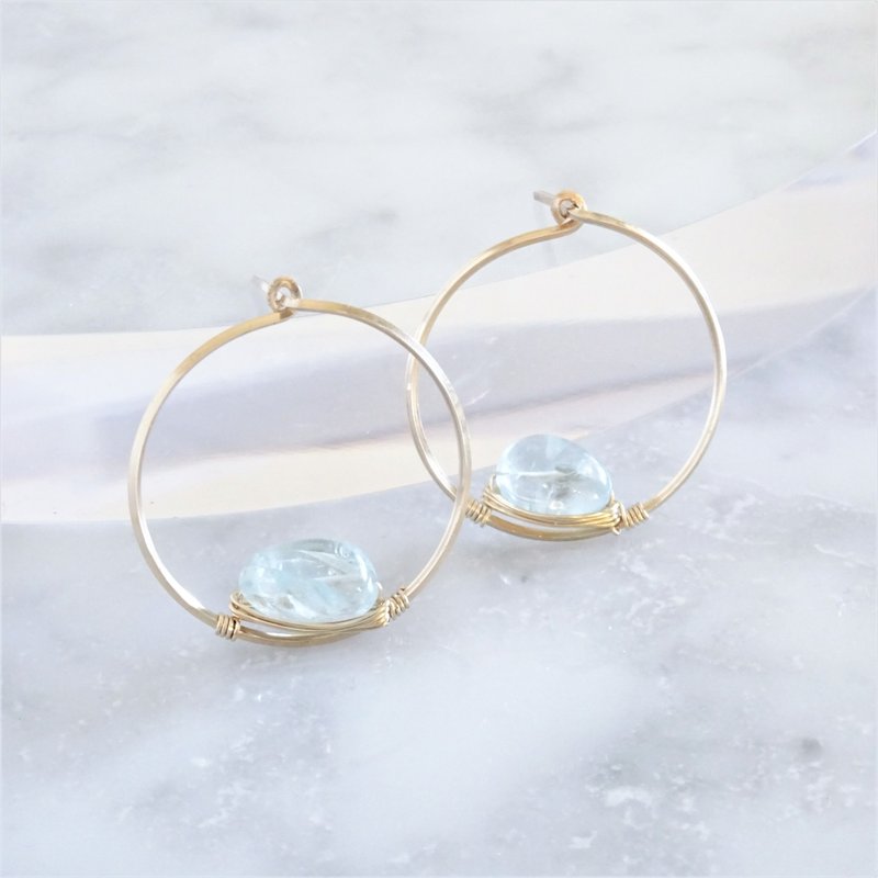 14kgf 宝石質AAA Aquamarine pierced earrings / earrings - 耳环/耳夹 - 宝石 蓝色