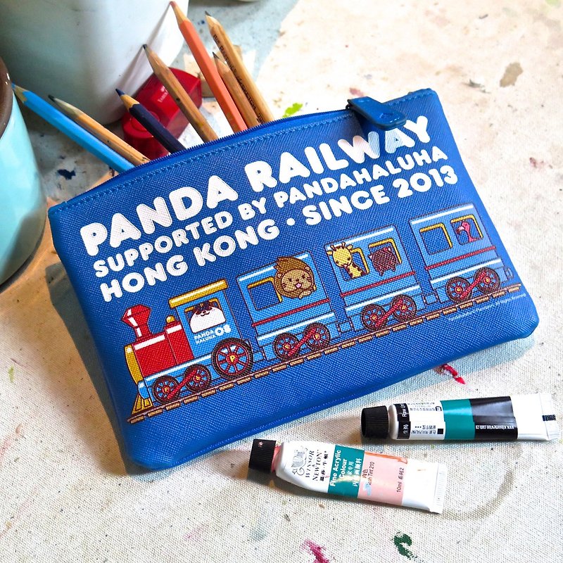 Pandahaluha 熊猫朋友列车 随身拉链袋/收纳袋/杂物袋/开学笔袋 - 化妆包/杂物包 - 人造皮革 蓝色