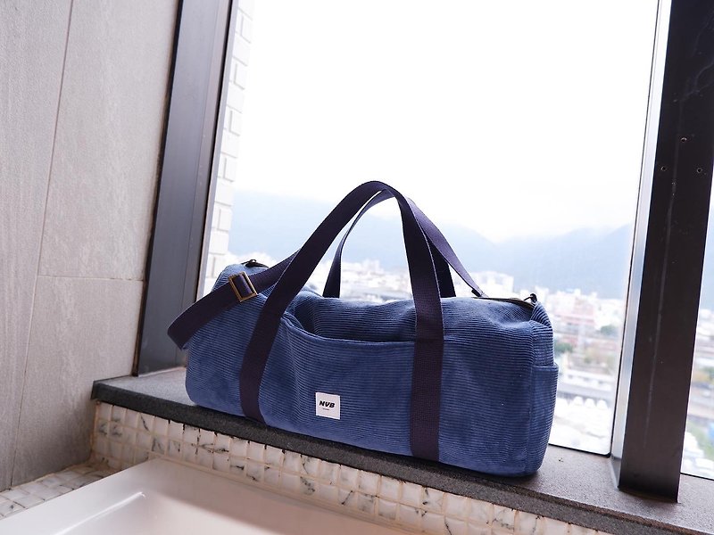 圆筒灯芯绒旅行袋 - 行李箱/行李箱保护套 - 棉．麻 蓝色