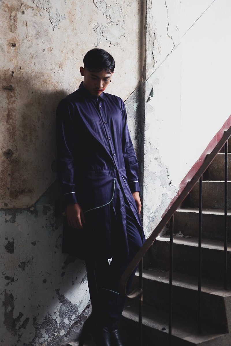 假两件百折长版衬衫(162T02) - 男装衬衫 - 棉．麻 紫色