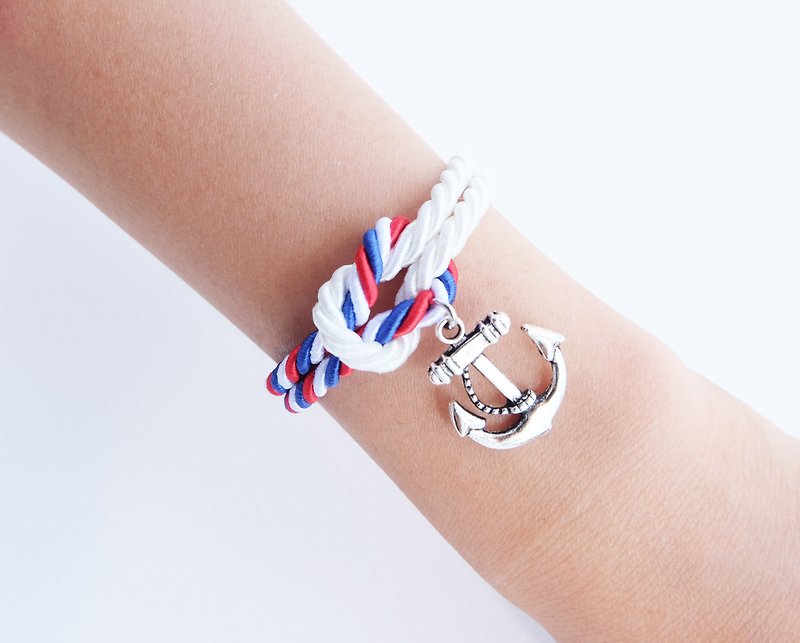 White/Tri color knot rope bracelet with anchor charm - 手链/手环 - 纸 蓝色