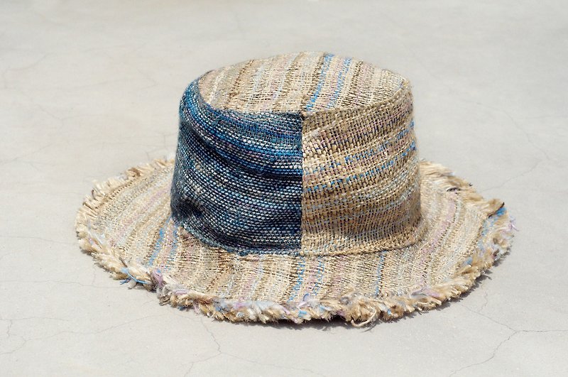 限量一件 手工编织棉麻帽/编织帽/渔夫帽/遮阳帽/草帽 - 蓝色森林色拼接 - 帽子 - 棉．麻 蓝色