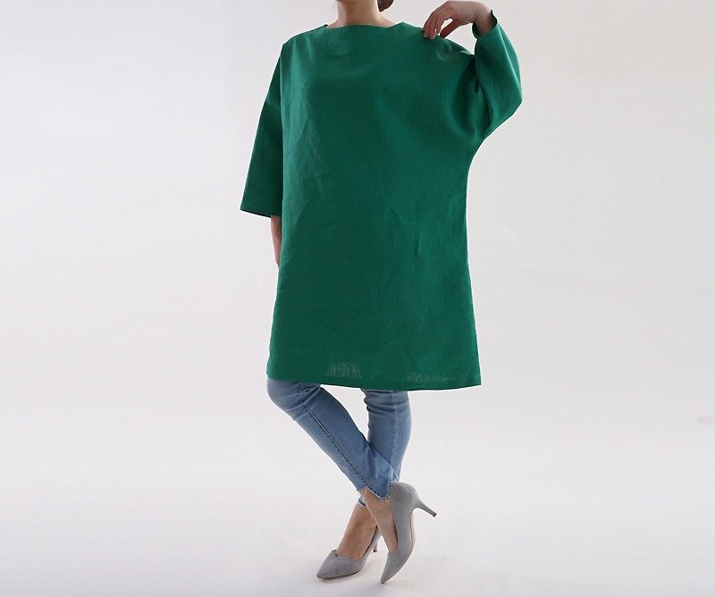 ベルギーリネン ドルマンスリーブ ワンピース/フィヨルドグリーン a8-22 - 洋装/连衣裙 - 棉．麻 绿色