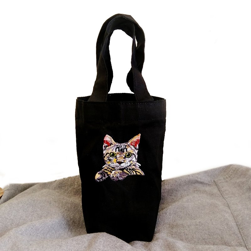 猫饮料提袋 电绣 - 随行杯提袋/水壶袋 - 棉．麻 黑色